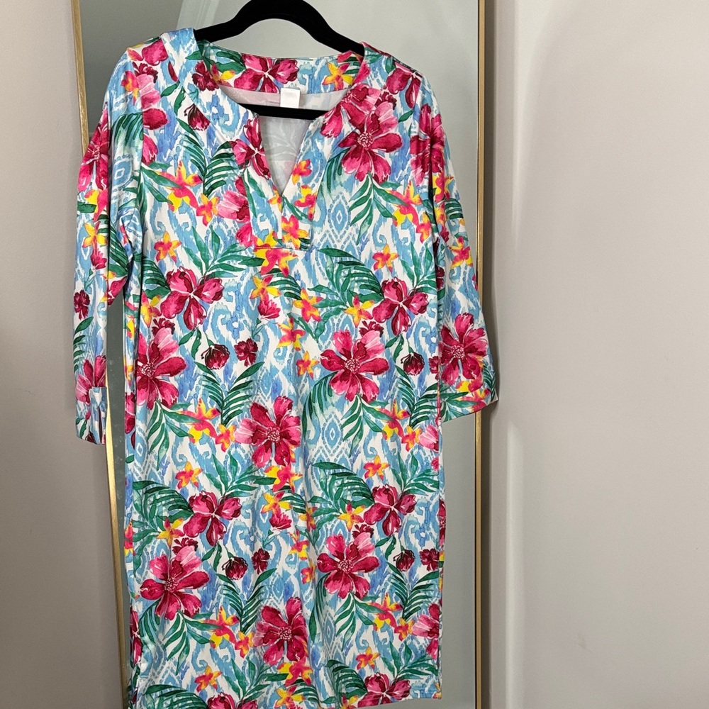Floral V-Neck Long Sleeve Shift Dress in Pink and Blue